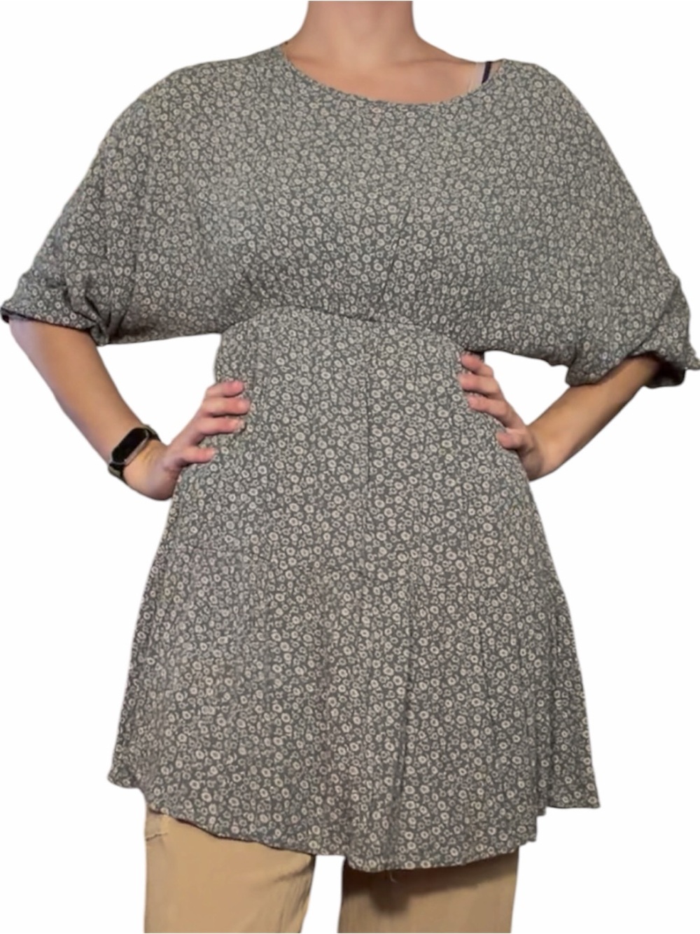 Womens Gray Floral Short Sleeve Tunic Dress